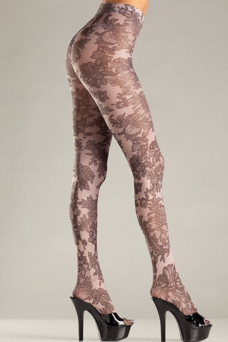 Opaque Floral Print Pantyhose