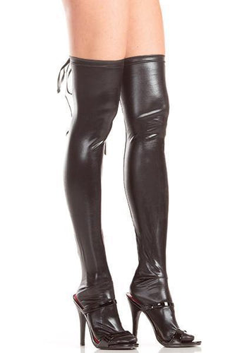 Wet Look Laced Up Back Thigh Highs